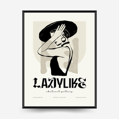 Abstract minimalist aesthetic women with thin lines, floral patterns, plants, woman. Trendy colorful poster template. Vintage boho style.