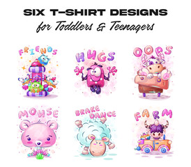 Cute animals, cars, toys and emotions text T-shirt design set for toddlers and teenagers vector illustration