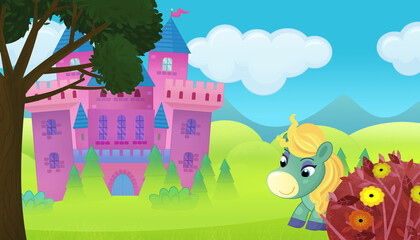 Obraz na płótnie Canvas cartoon magical horse near fairy tale castle illustration