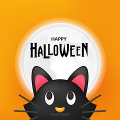 Happy halloween greeting card template with cute black cat with full moon illustration with orange night background