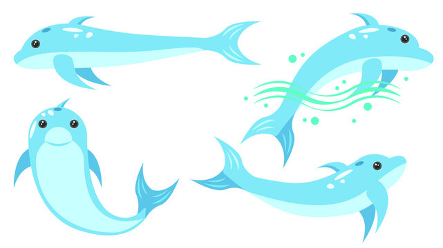 Set Abstract Collection Flat Cartoon Different Animal Dolphins Floats, Swim, Jumping Out Of The Water Vector Design Elements Fauna Wildlife