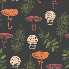Seamless pattern with mushrooms and floral elements. Vector illustration. Creative autumn texture for fabric, wrapping, textile, wallpaper, apparel. 