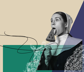 Contemporary art collage. Woman in image of innocent nun licking lollipop. Combination of eras