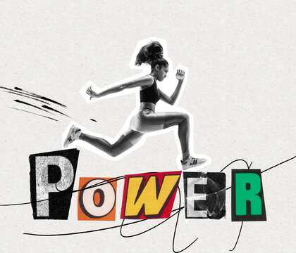 Contemporary art collage. Sportive, motivated girl, athlete running on big letters of power