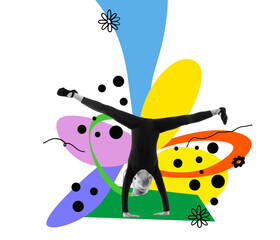 Contemporary art collage. Young girl standing on hands, having fun isolated on multicolored background