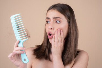 Stressed woman is very upset because of hair loss. Haircut and straightening hair care. Serious hair loss problem for health care shampoo.