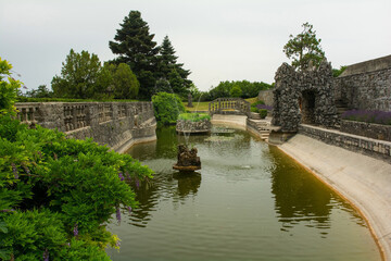 The pond in a park garden in Stanjel village in Komen municipality, Primorska region, western Slovenia
