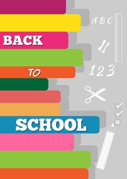 Back to School background or poster. Stack of books, ruler, alphabet, sharpener, pencil