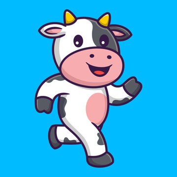 Cute Cow Running in Cartoon. Animal Vector Illustration. Flat Style Concept.