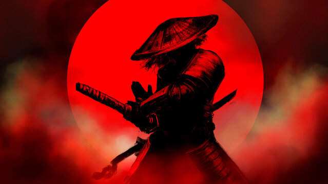 Samurai takes out a katana while reciting a prayer, there is a red moon behind him, fog around him, and he has a bamboo hat on his head. 2D illustration