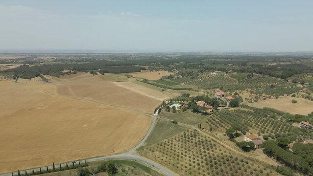 Aerial images of Tuscany in Italy cultivated fields summer, beautiful italian landscape