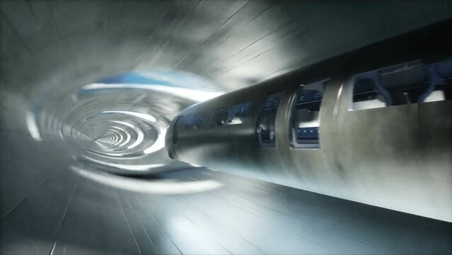 Futuristic sci fi tunnel. futuristic flying train. Realistic 4k animation.