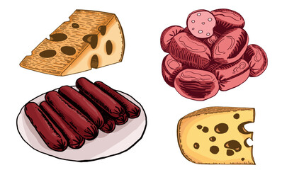 Butchery and dairy shop products isolated on white, vector set of cheese and sausages