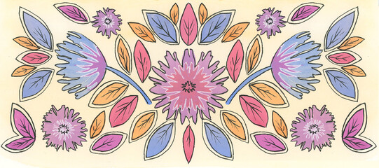 Decorative floral pattern, watercolor on yellow background