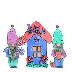 Gnomes in summer with flowers and berries, watercolor