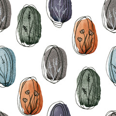 Pattern of colored ovals and plants, watercolor