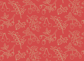Seamless pattern with different berries. Nature texture in outline style.