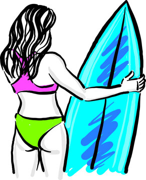 surf girl with surf board half back view vector illustration