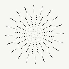 Radial halftone dots in Circle Form. Dotted fireworks explosion background. Starburst round Logo. Circular Design element. Abstract Geometric star rays.