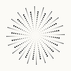 Obraz premium Radial halftone dots in Circle Form. Dotted fireworks explosion background. Starburst round Logo. Circular Design element. Abstract Geometric star rays.