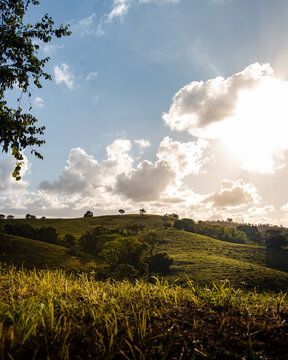 Beautiful mountain valley on juncos Puerto Rico. Sunset golden hour moment. Peace and scenic landscape from the caribbean island vibes.