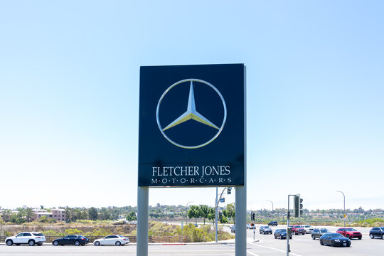 Newport Beach, CA, USA - July 10, 2022: Fletcher Jones Motorcars sign is shown in Newport Beach, CA, USA. Fletcher Jones Motorcars is a Mercedes-benz dealer. 