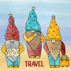 Scandinavian Gnomes travelers watercolor on the background