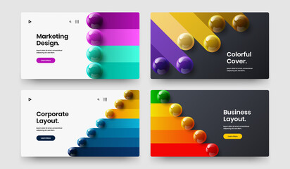 Multicolored company brochure vector design template collection. Premium realistic spheres poster concept bundle.