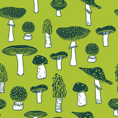 Seamless pattern with mushrooms. Forest poisonous mushroom, Medicinal plant. Leaves. Fly agaric repeated background in hand-drawn style. Creative autumn texture for fabric, wrapping, textile.