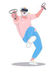 An elderly man is very actively busy playing with augmented reality glasses. Grandfather masters VR technology. Stylish flat vector illustration, eps10