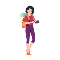 Young happy woman tourist flat cartoon character. Traveling people on summer vacation trip, Isolated on white background.