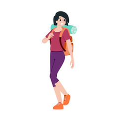 Young happy woman tourist flat cartoon character. Traveling people on summer vacation trip, Isolated on white background.