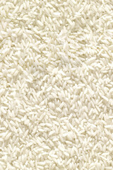 Medium and round grain white jasmine rice texture for background. Organic natural food background with copy space for text, top view. Close up rice grains flat lay. Healthy food macro concept.