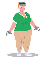 An elderly woman is happy and satisfied with the game in augmented reality glasses. Mastering technologies of augmented reality by a grandmother. Stylish flat vector illustration, eps10