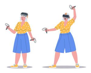 Grandmother uses augmented reality technology. An elderly woman is actively playing a virtual game in virtual reality glasses. Stylish flat vector illustration, eps10