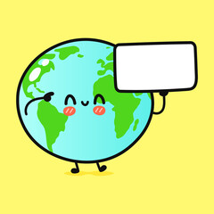 Fototapeta premium Cute funny planet Earth with poster. Vector hand drawn cartoon kawaii character illustration icon. Isolated on yellow background. Planet Earth think concept