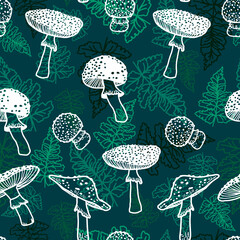 Seamless pattern with mushrooms. Forest poisonous mushroom, Medicinal plant. Leaves. Fly agaric repeated background in hand-drawn style. Creative autumn texture for fabric, wrapping, textile.