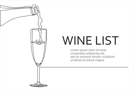 Prosecco Glass The Process Of Pouring Wine Into A Glass. Pours Champagne From A Bottle Into A Glass. Line Art, Vector Continuous Line Drawing. Black And White Illustration. Christmas, New Year Holiday