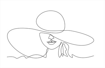 Woman in hat vector one line art. Line illustration. Minimalist print. Black and white. Beauty logo. portrait of young modern woman wearing hat. isolated female portrait. Line art