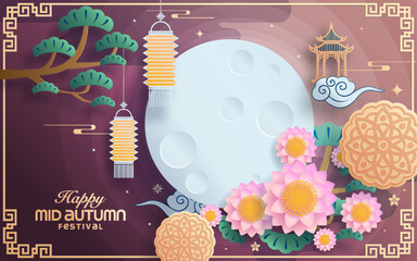 Mid autumn festival paper art style with full moon, moon cake, chinese lantern and rabbits on background. - obrazy, fototapety, plakaty