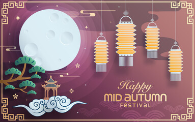 Mid autumn festival paper art style with full moon, moon cake, chinese lantern and rabbits on background. © Chef Kai Vector