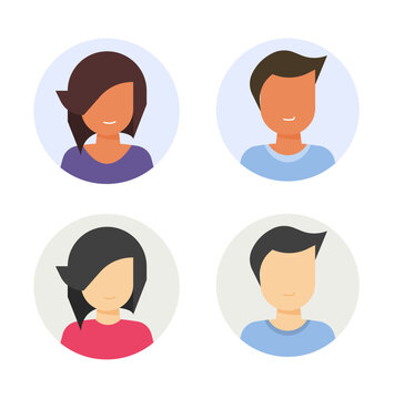 Avatar people face for user icon vector with dark brown and white skin or asian person man and woman head character flat simple design illustration, male female faceless portrait graphic flat image