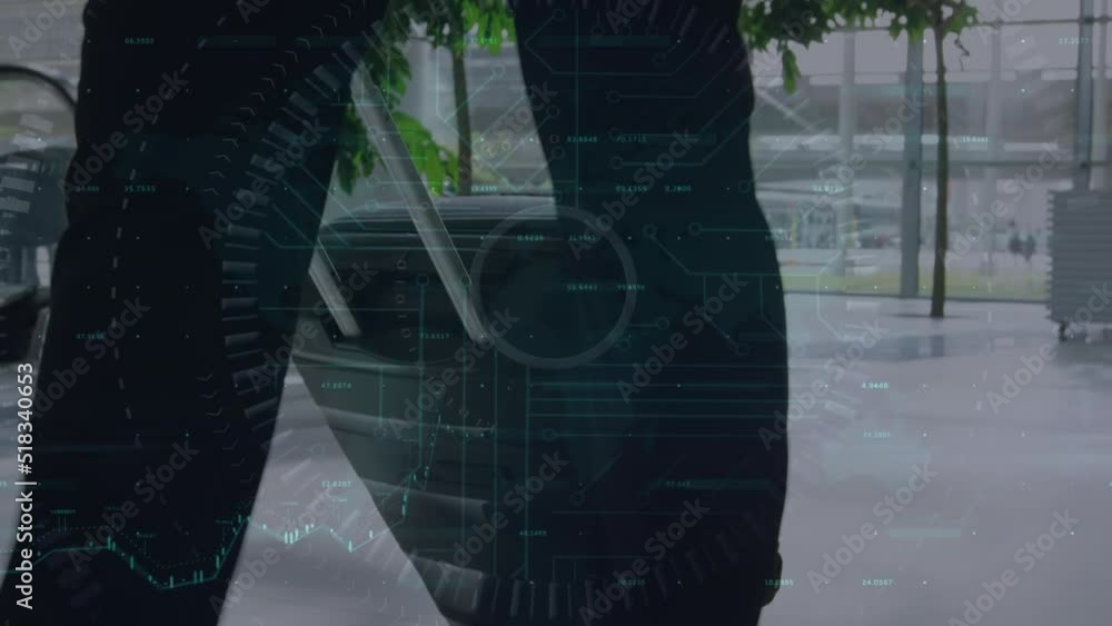 Poster scope scanning and data processing over low section of businessman walking with a trolley bag