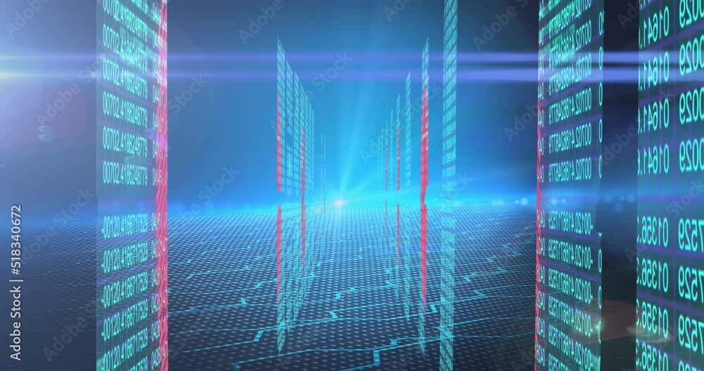 Poster digital animation of screens with binary coding and blue light trails against blue background