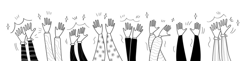 Applaud hands vector in doodle style. Hand drawn clapping human hands doodle set.