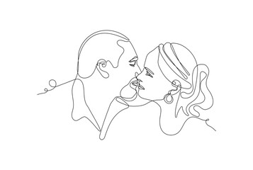 continuous drawing with one line. Abstract portrait of a couple in love in a minimalist modern style. One line art