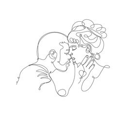 Kiss of lovers in one line. One line art