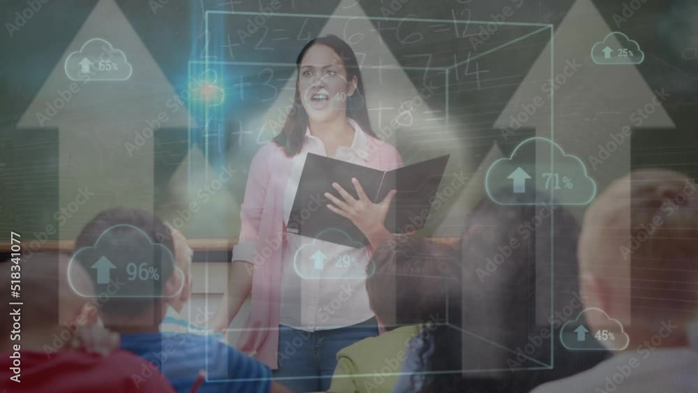 Aufkleber animation of data processing and clouds over diverse schoolchildren learning with teacher