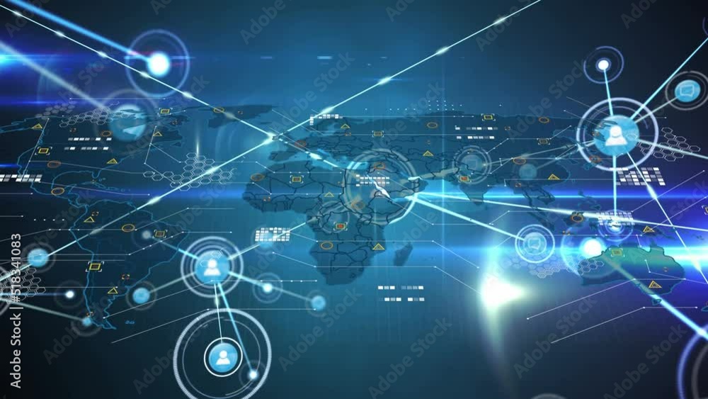 Aufkleber animation of network of connections with icons over world map