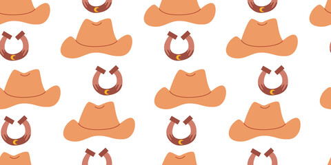 Seamless western pattern with cowboy hats and horseshoe. Vector wild west background